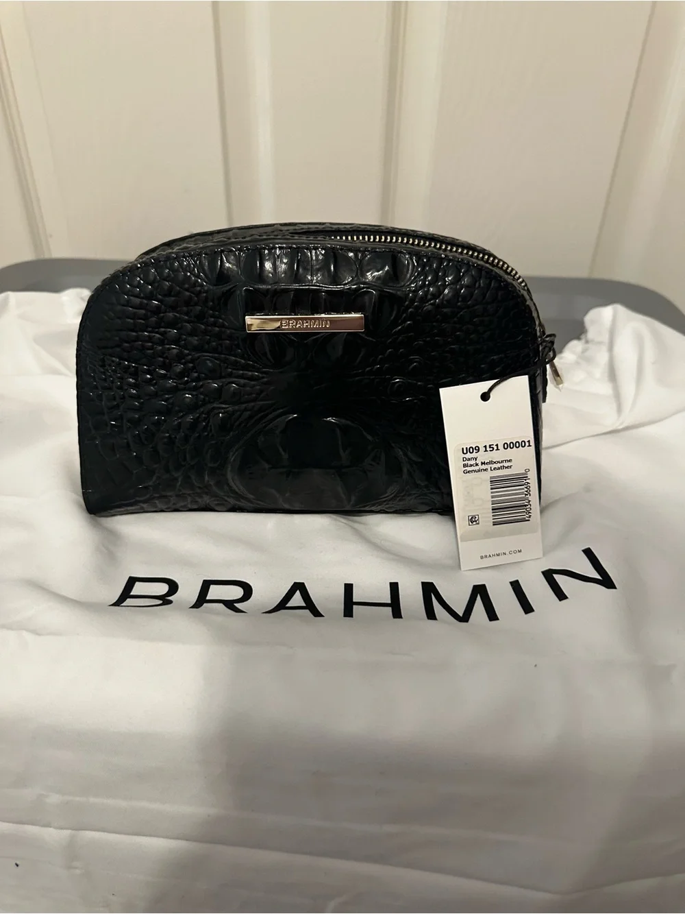 Brahmin Dany Black Croc-Embossed Leather Cosmetic Case